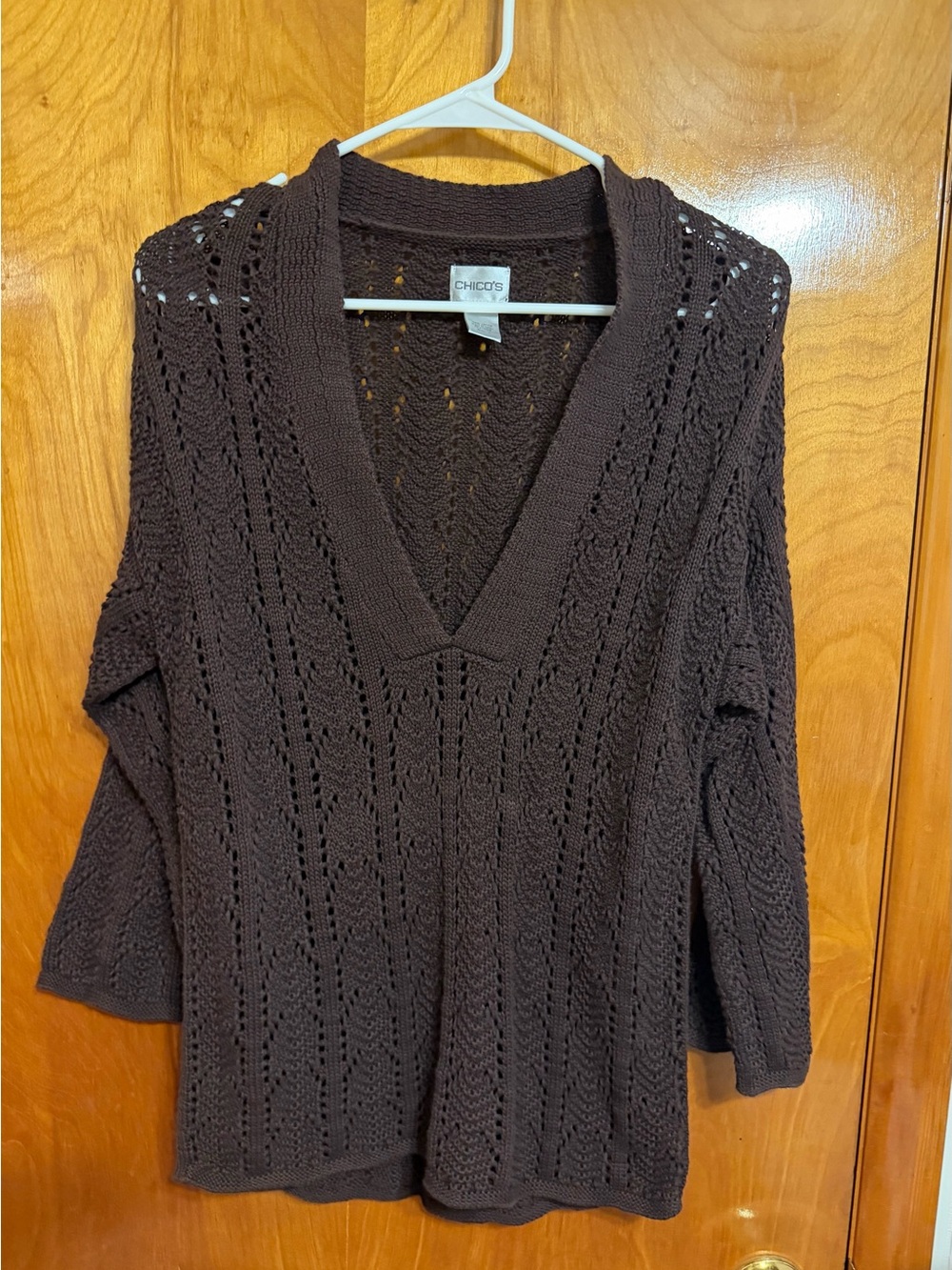 Chico's Dark Brown Open-Knit V-Neck Sweater